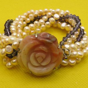 14k Multi Strand Pearl & Amethyst  with carnelian Brooch Bracelet.
